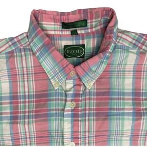 IZOD Men's Button Down Long Sleeve Shirt Pink Blue Green Plaid Preppy